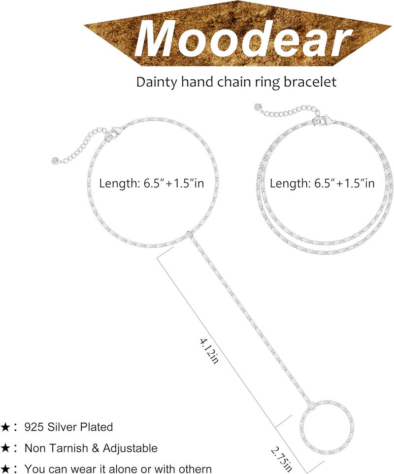 Moodear سوار حلقة رقيقة من الفضة الإسترلينية مع سلسلة يد للنساء - مطلي بالذهب عيار 14K / فضة إسترلينية بطبقات مع خرز ساتلي قابل للتعديل ورابط ورقة نقطي من CZ سلاسل يد سوار غير متأكسد مجوهرات عصرية هدية - Image 5